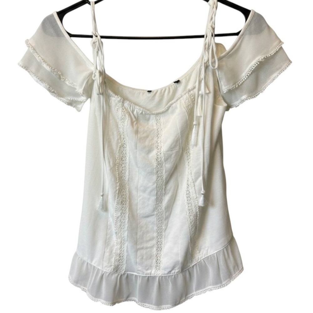 White House Black Market Off Shoulder Lace Trim Tassel Tie Blouse White Small